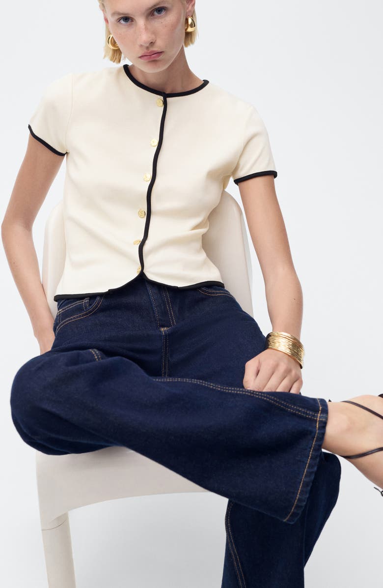 MANGO Contrast Trim Short Sleeve Cotton Cardigan, Alternate, color, Ecru