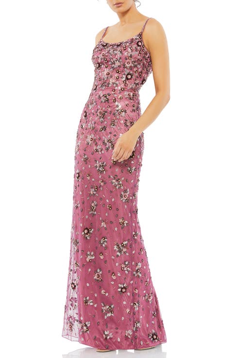 Floral Embellished Scoop Neck Evening Gown