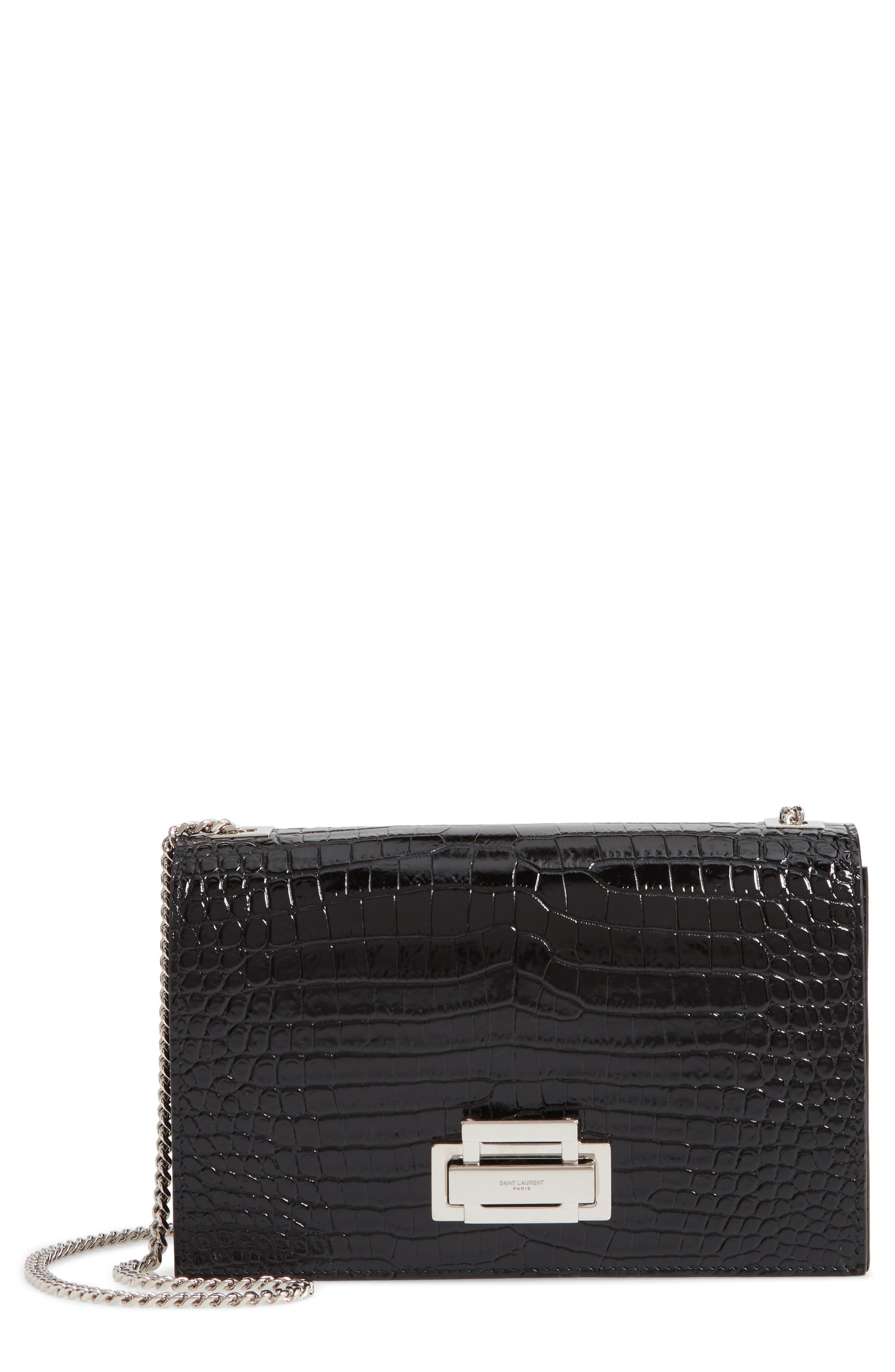 Saint Laurent Gray Croc Embossed Calfskin Leather Shoulder Bag, Main, color, 