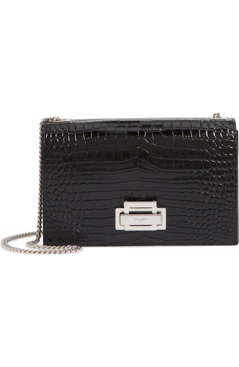 Saint Laurent Gray Croc Embossed Calfskin Leather Shoulder Bag, Main, color,