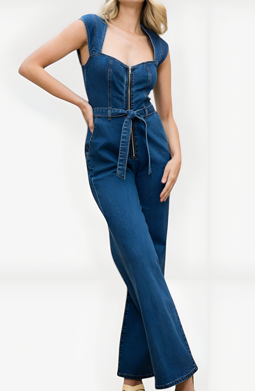 Modenaire Denim Zip Front Belted Sweetheart Neckline Wide-leg Jumpsuit In Blue