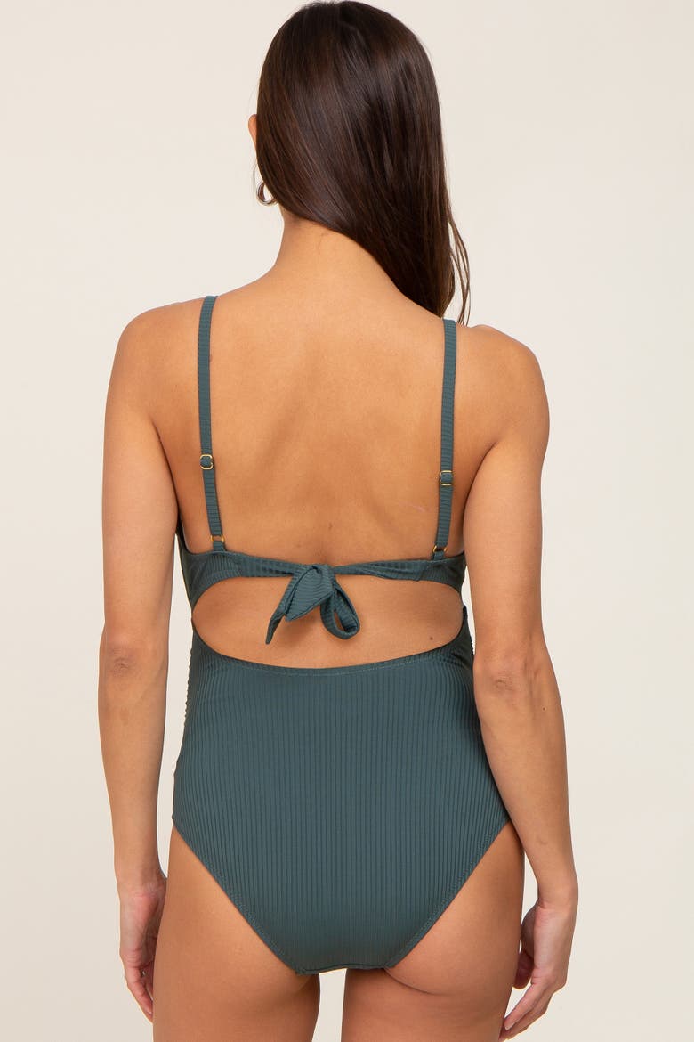 Ribbed Ruffle Ruched One Piece Swimsuit, Alternate, color, Forest Green