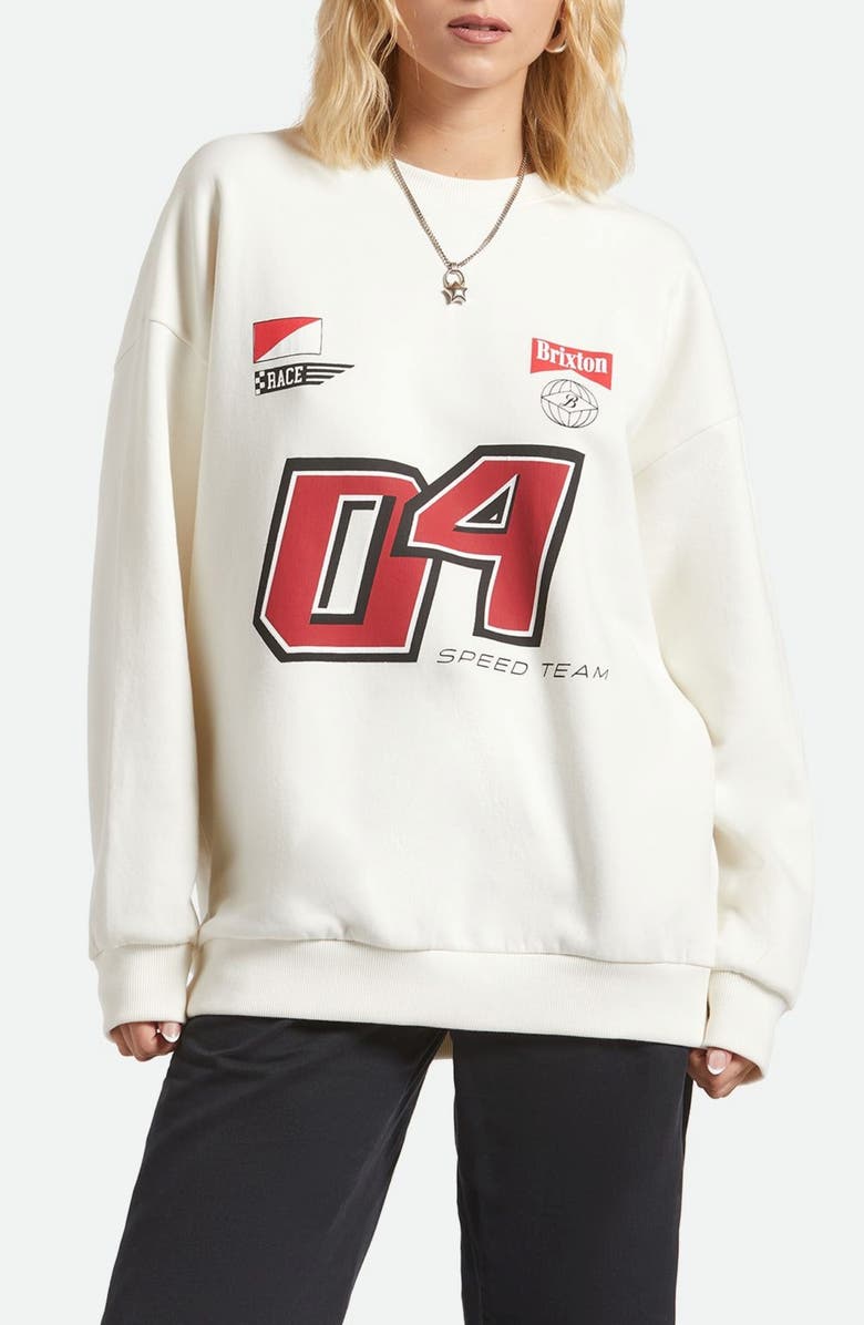 Brixton Speed Team Oversize Cotton Fleece Sweatshirt, Main, color, Off White