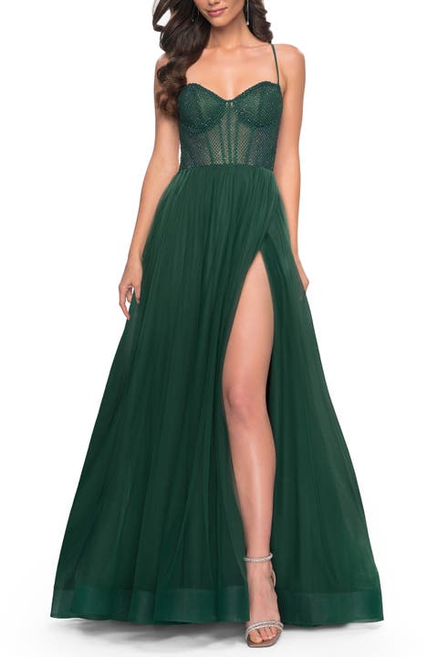 A-Line Tulle Gown with Rhinestone Fishnet Bodice
