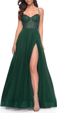 La Femme A-Line Tulle Gown with Rhinestone Fishnet Bodice