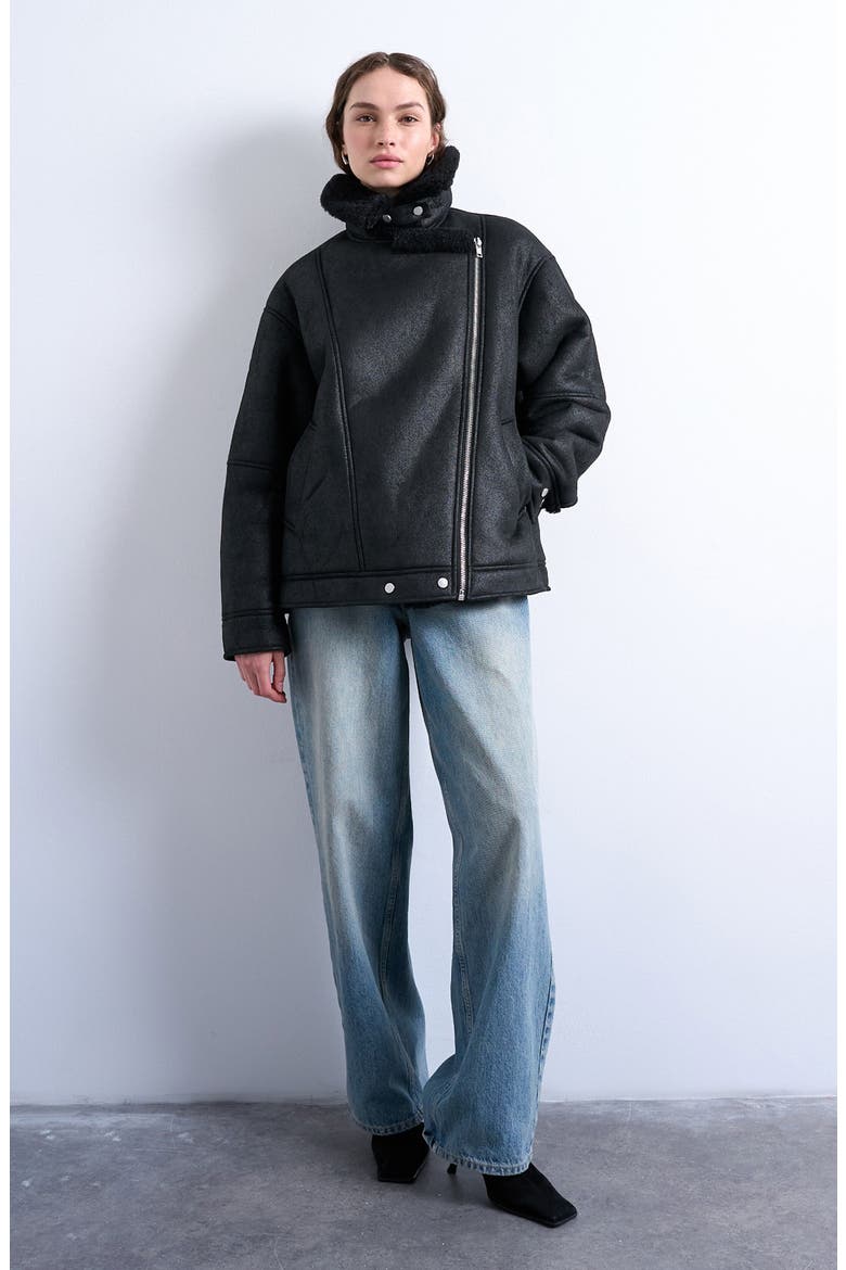 Faux Shearling Oversize Aviator Jacket, Alternate, color, BLACK