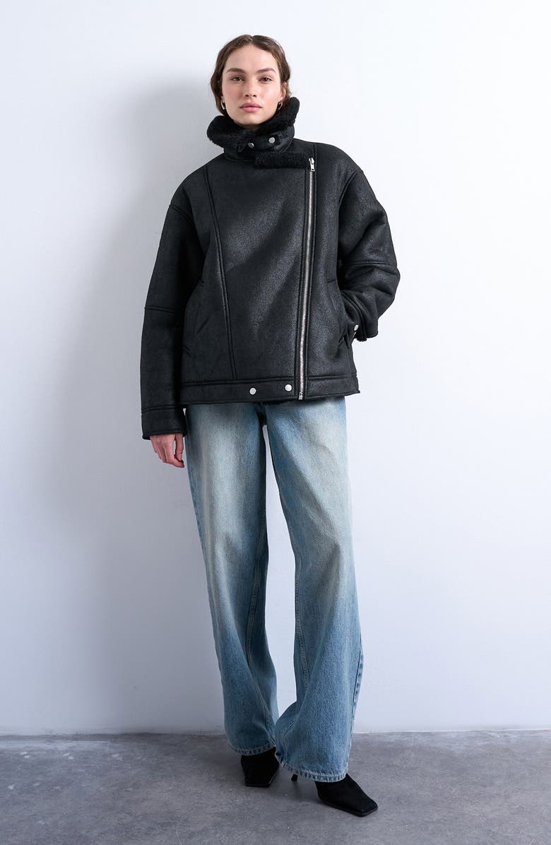Topshop Faux Shearling Oversize Aviator Jacket, Alternate, color, Black