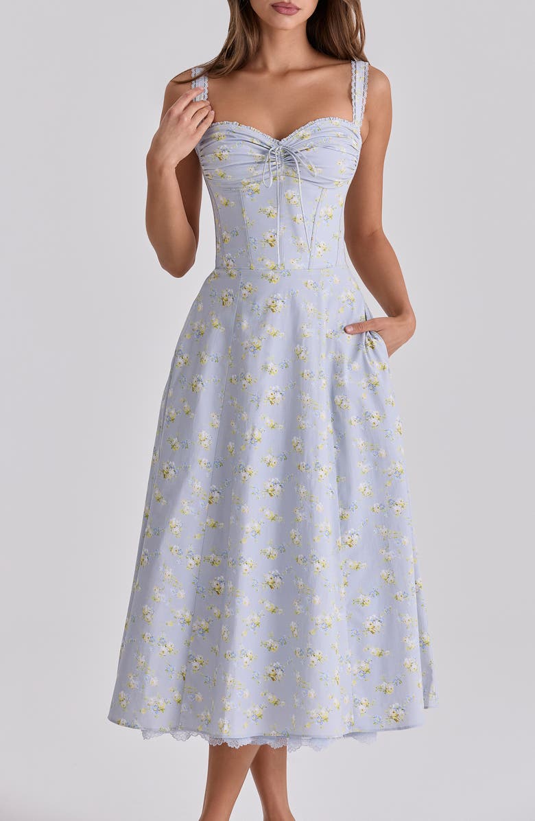 HOUSE OF CB Rosalee Floral Stretch Cotton Petticoat Dress, Alternate, color, Blue Wildflower
