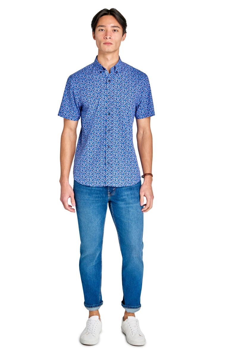 CONSTRUCT Slim Fit Clustered Floral Recycled 4-Way Stretch Performance Short Sleeve Shirt, Alternate, color, Navy/Pink