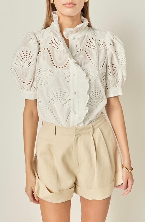 Embroidered Ruffle Eyelet Cotton Top