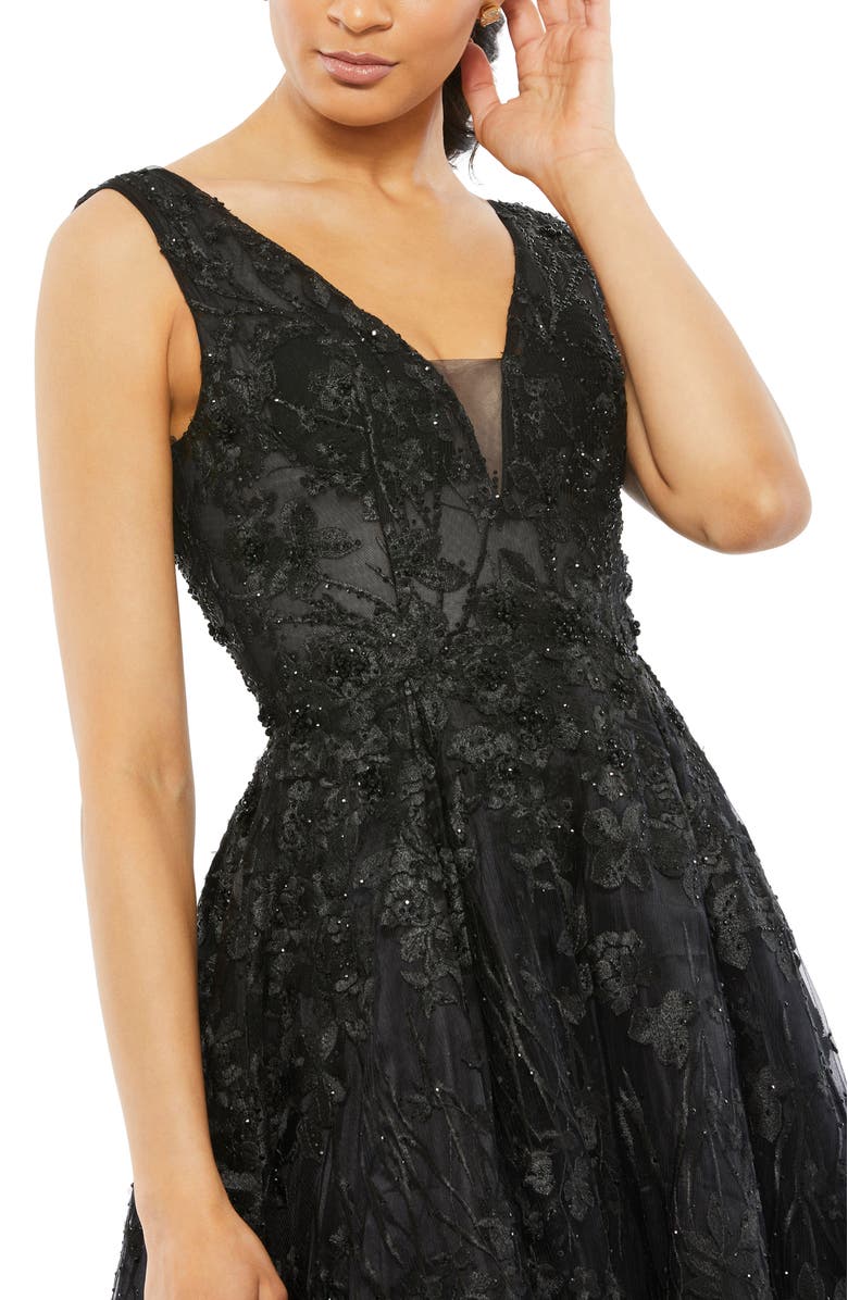 Mac Duggal Floral Embroidered Illusion V-Neck A Line Gown, Alternate, color, Black