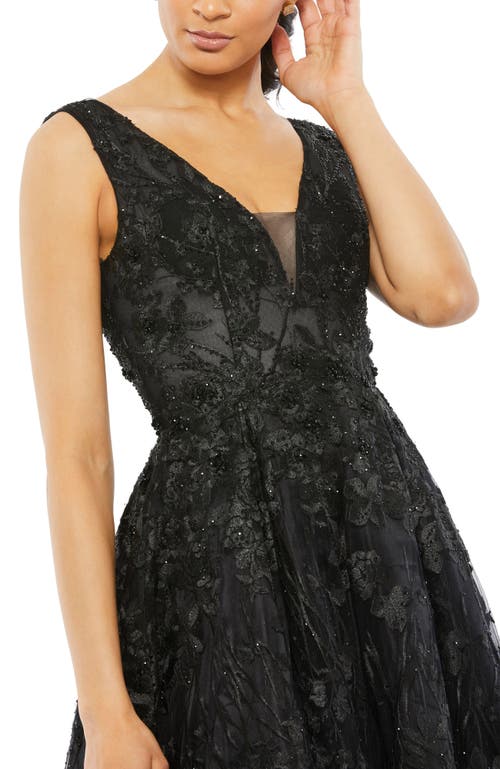 Mac Duggal Floral Embroidered Illusion V-neck A Line Gown In Black
