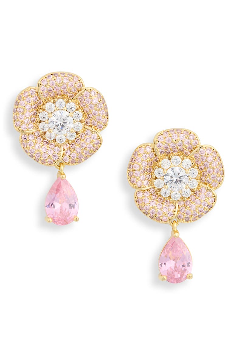 Aaron CZ Pavé Flower Drop Earrings, Main, color, PINK