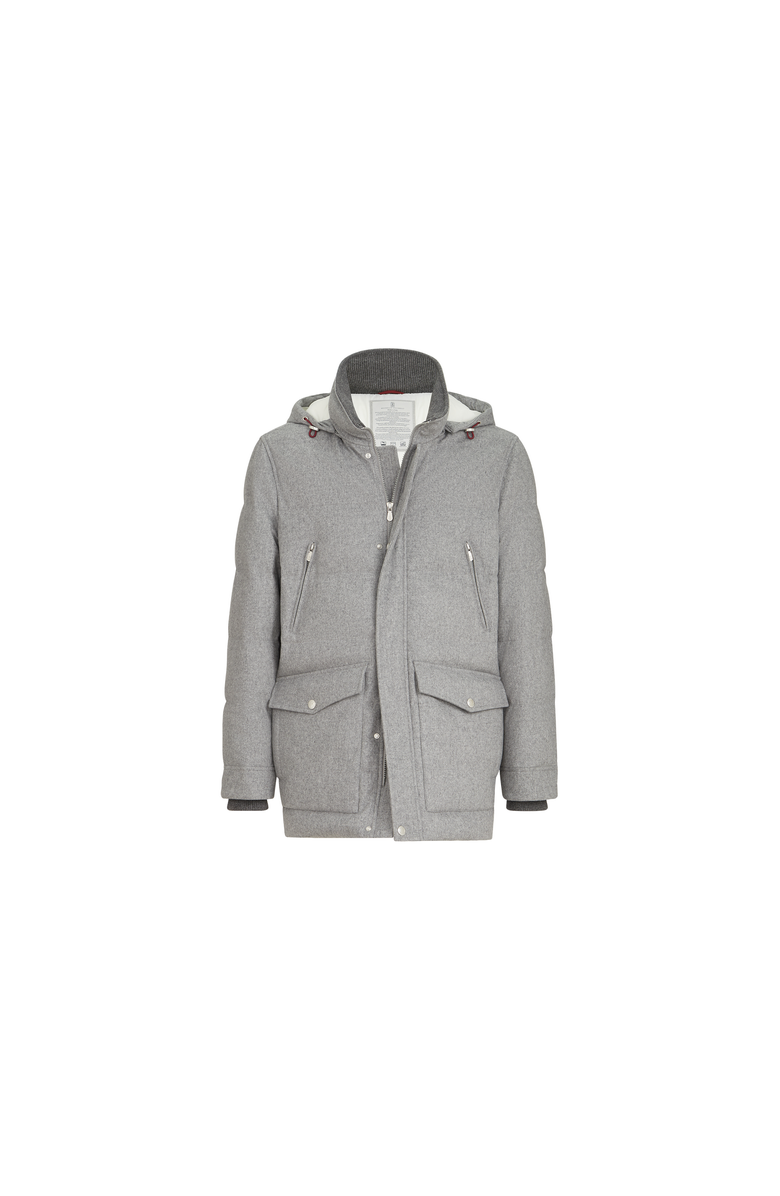 Brunello Cucinelli Bonded wool flannel down parka with detachable hood, Alternate, color, Light Grey