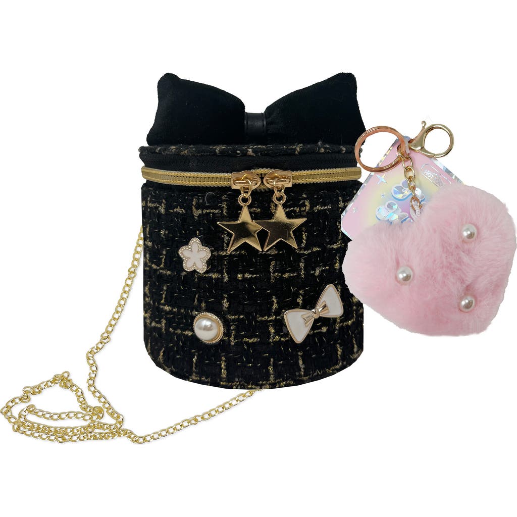 Shop Hot Focus Kids' Tiny Mini Fashion Bag With Faux Fur Pom Pom Charm In Black