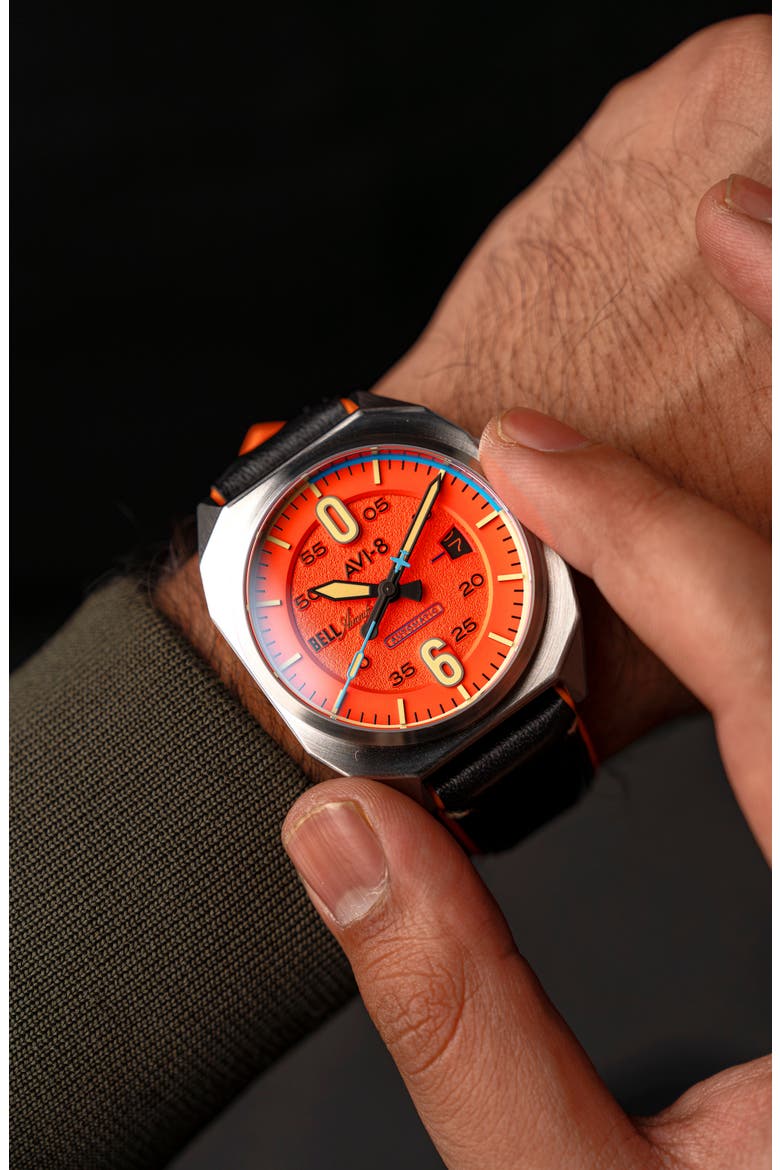 Bell X-1 Machbuster Automatic Leather/Rubber Strap Watch, 41mm, Alternate, color, ORANGE