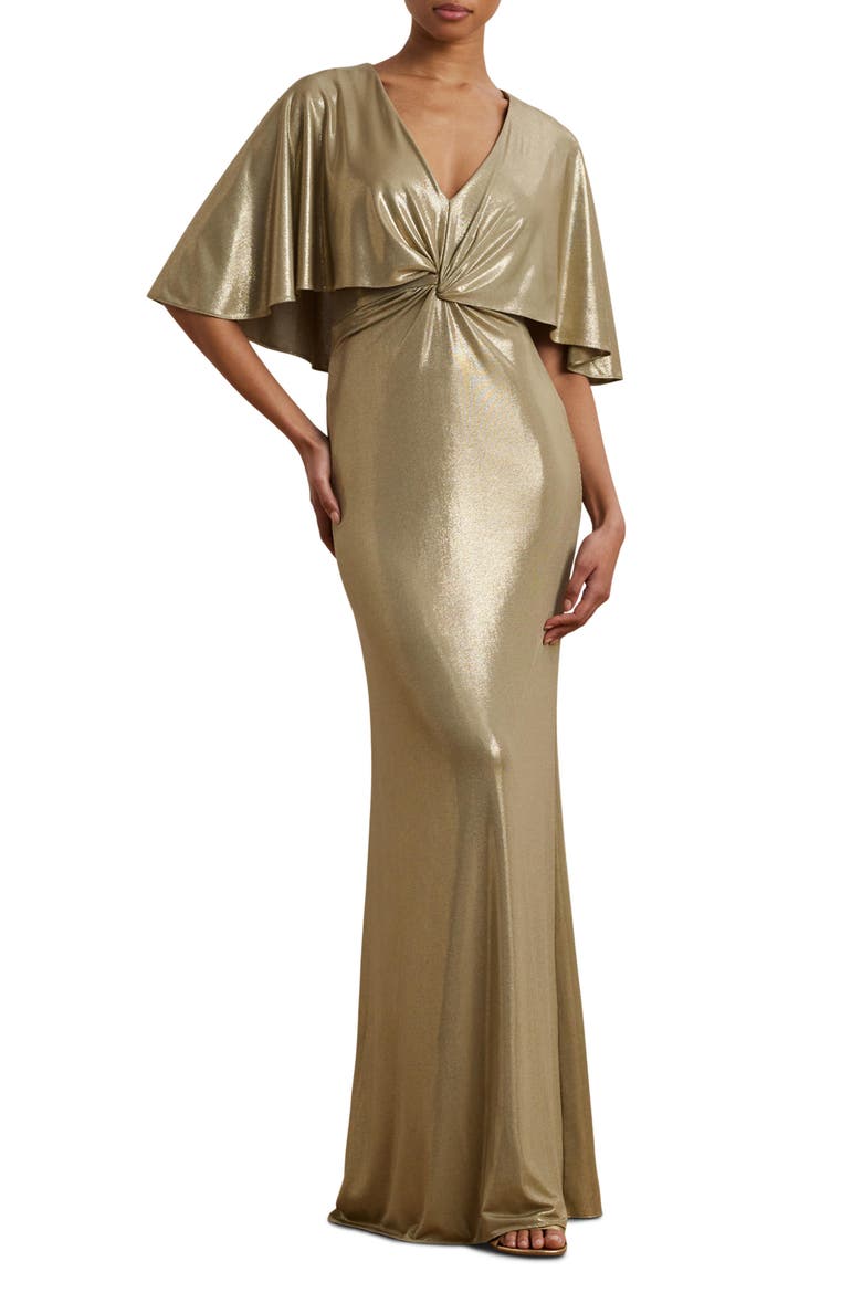 Metallic Cape Overlay Jersey Column Gown, Main, color, MEDIUM PEWTER/ GOLD FOIL