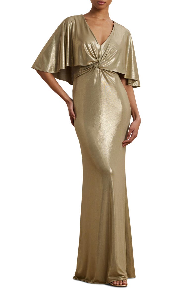 Lauren Ralph Lauren Metallic Cape Overlay Jersey Column Gown, Main, color, Medium Pewter/ Gold Foil