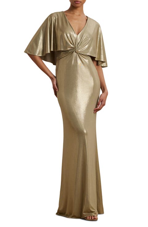 Metallic Cape Overlay Jersey Column Gown