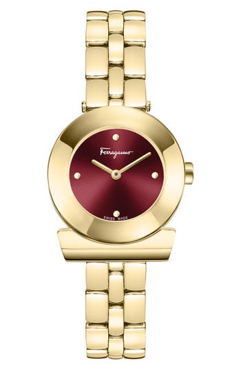 Ferragamo Gancino Bracelet Watch With Red Sunray Dial In Gold