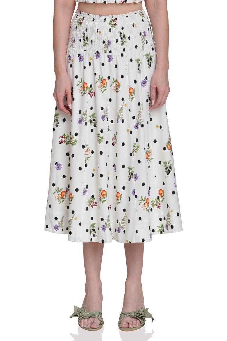 Flower & Polka Dot Smocked Waist Midi Skirt, Main, color, CREAM SCATTERED BOTANICAL