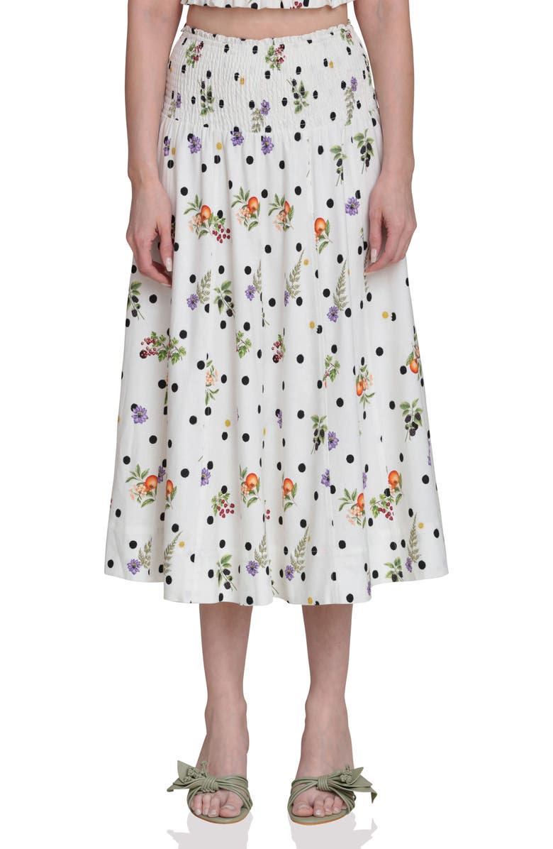 Avec Les Filles Flower & Polka Dot Smocked Waist Midi Skirt, Main, color, Cream Scattered Botanical