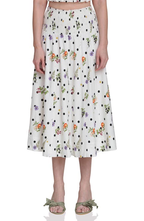 Flower & Polka Dot Smocked Waist Midi Skirt