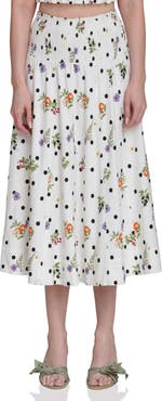 Avec Les Filles Flower & Polka Dot Smocked Waist Midi Skirt