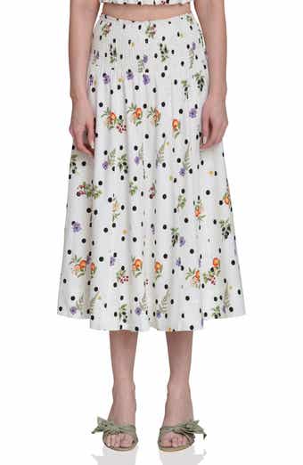Flower & Polka Dot Smocked Waist Midi Skirt