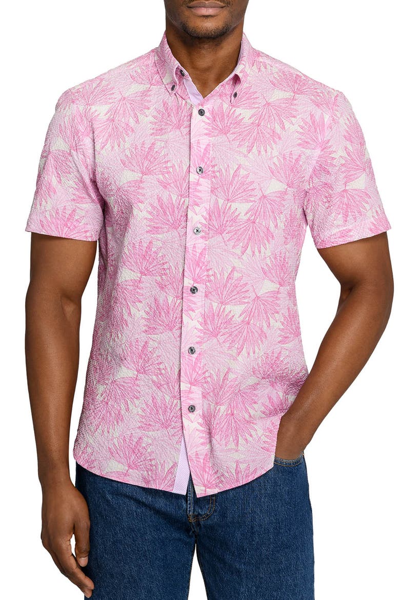 Palm Print Short Sleeve Seersucker Button-Up Shirt, Main, color, LIGHT PINK