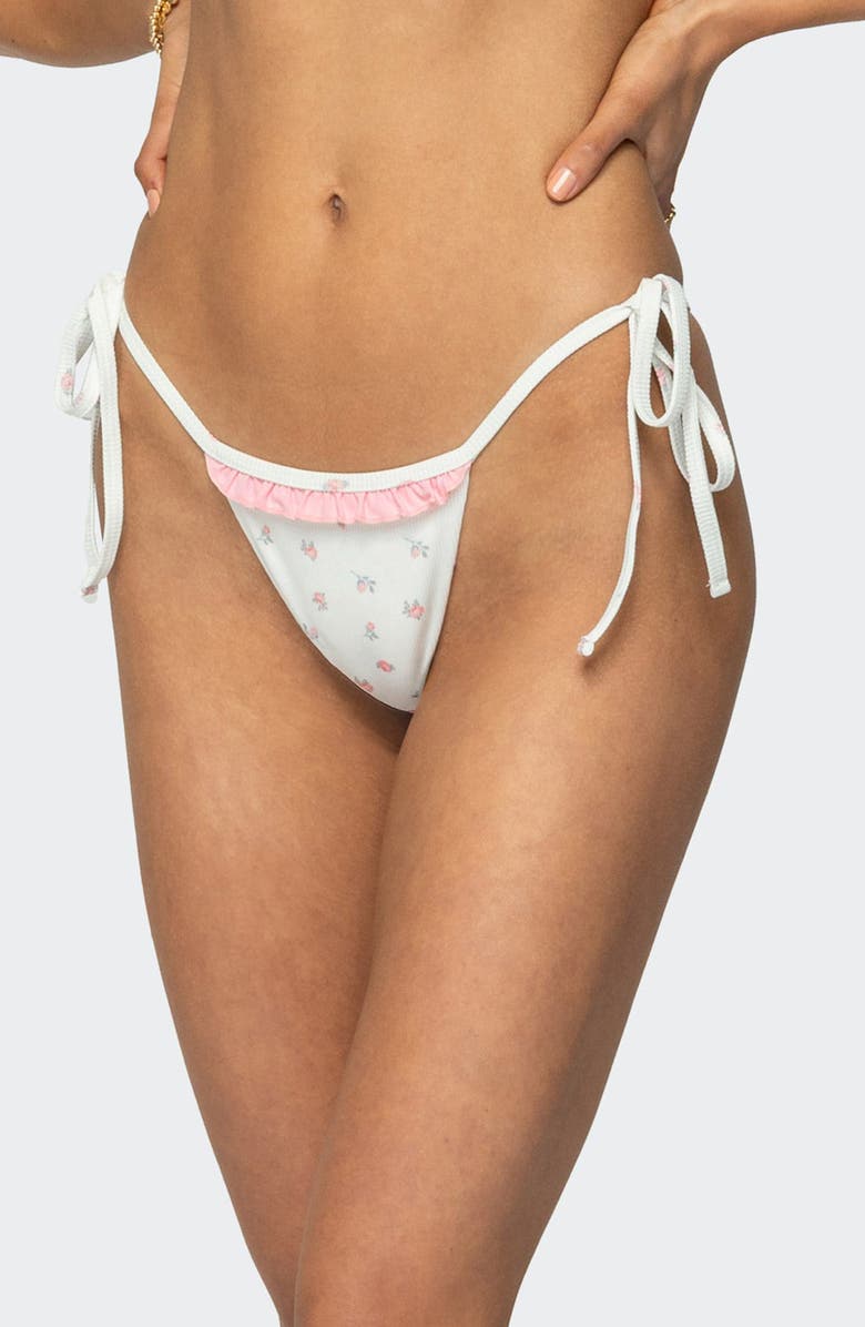 EDIKTED Ira Floral Side Tie Bikini Bottoms, Alternate, color, White