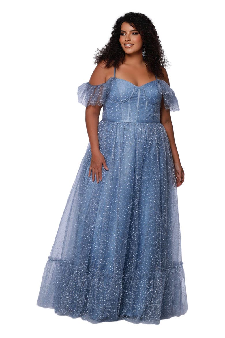 V-Neckline Flutter Sleeve Slim A-line Plus Size Gown, Main, color, Dusty Blue