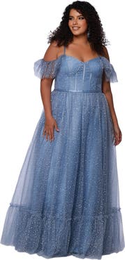 Sydney's Closet V-Neckline Flutter Sleeve Slim A-line Plus Size Gown