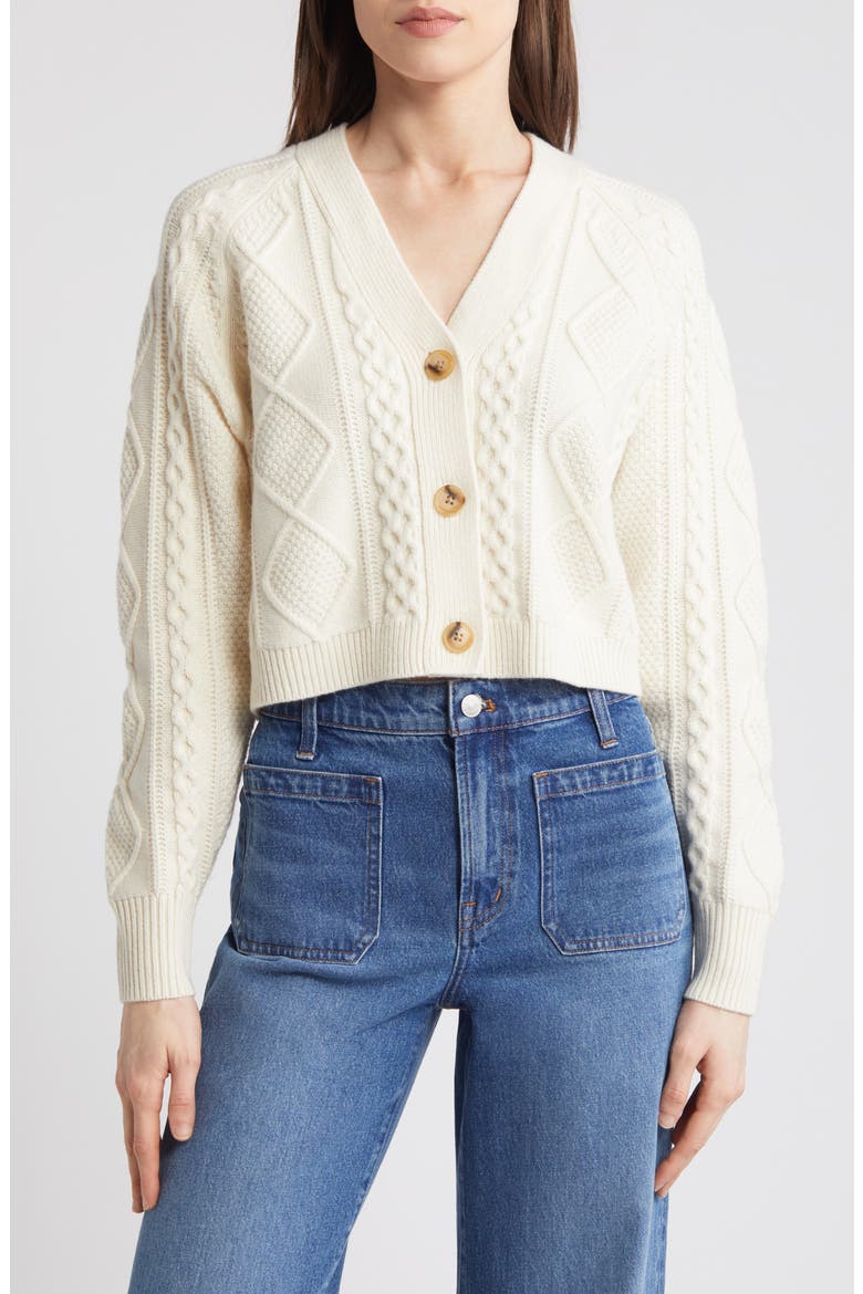 Cable Knit V-Neck Crop Cardigan, Main, color, ANTIQUE CREAM