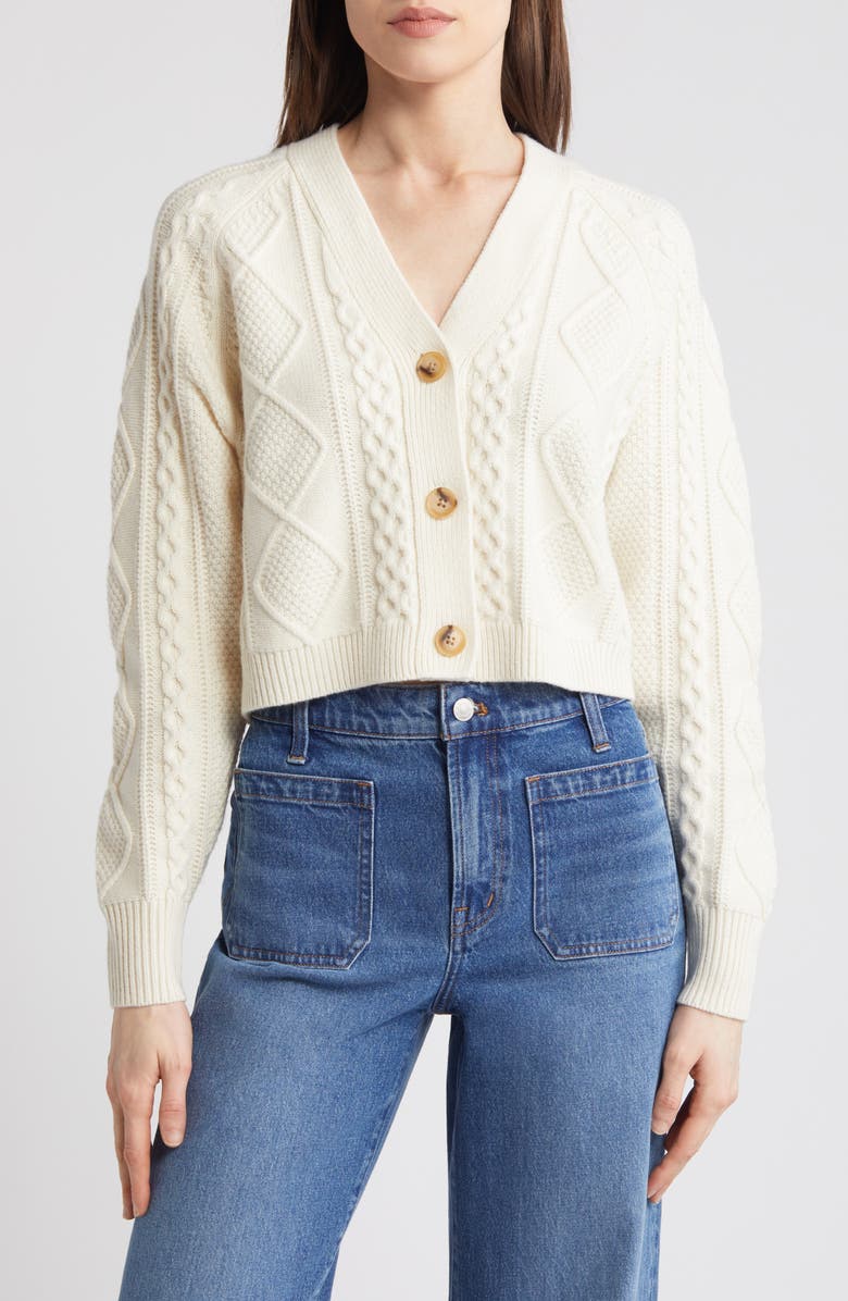 Madewell Cable Knit V-Neck Crop Cardigan, Main, color, Antique Cream