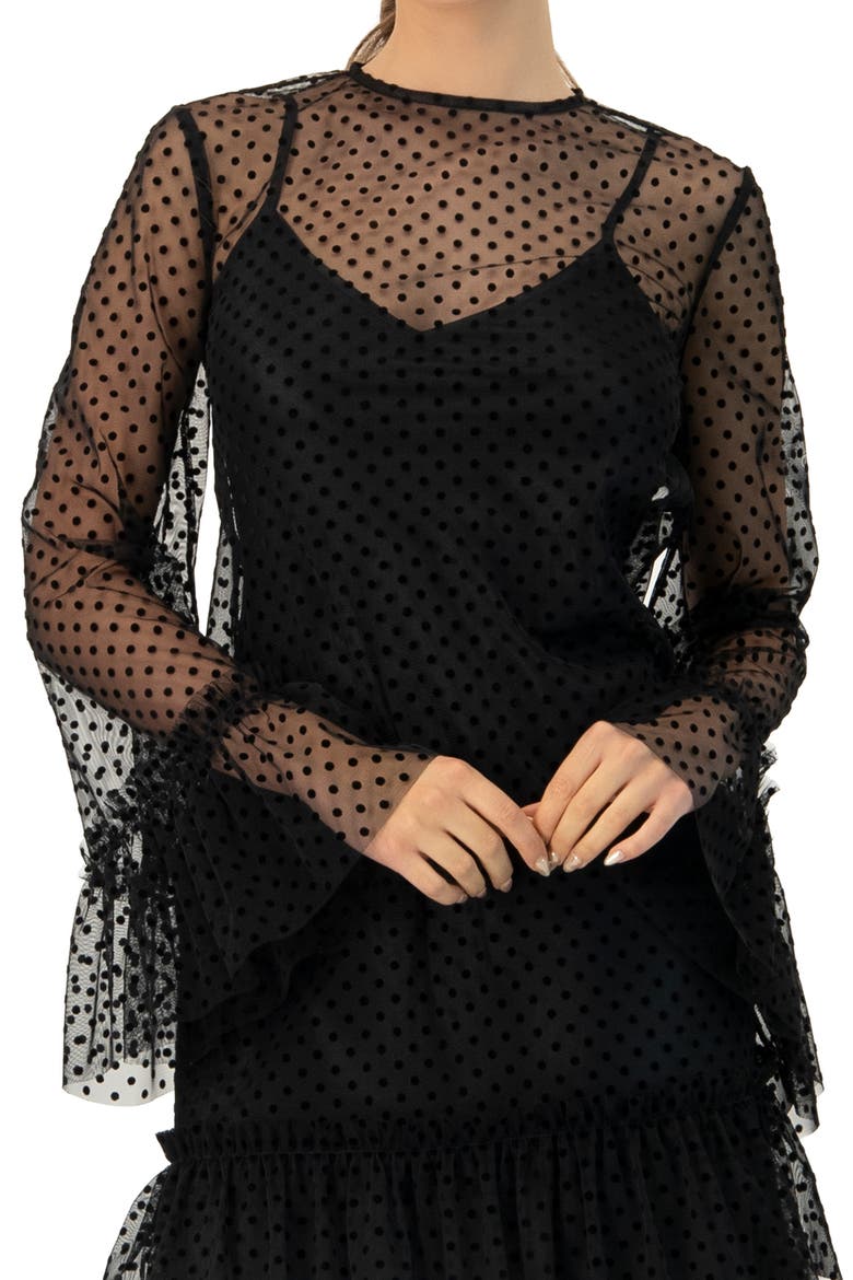 Flocked Polka Dot Short Dress with Wide Long Sleeves, Alternate, color, Black
