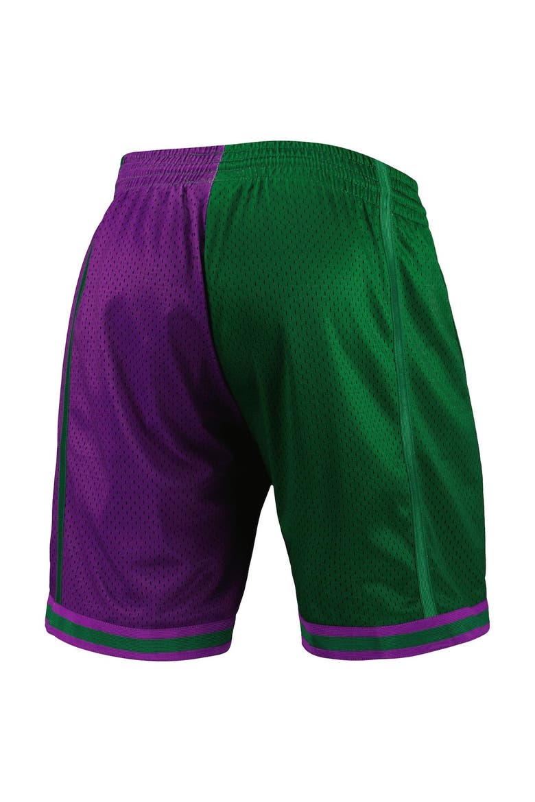 Men's Mitchell & Ness Green/Purple Milwaukee Bucks Hardwood Classics 1996 Split Swingman Shorts, Alternate, color, Green