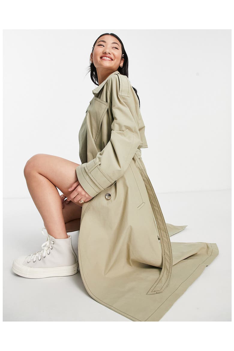 Contrast Stitch Oversize Longline Trench Coat, Alternate, color, LIGHT GREEN