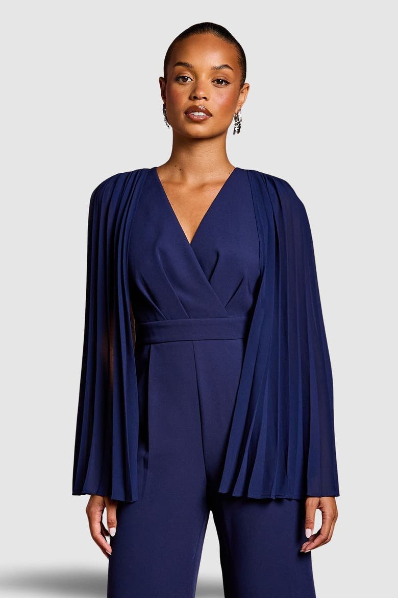 Petite V-Neck Pleated Jumpsuit, Alternate, color, Navy