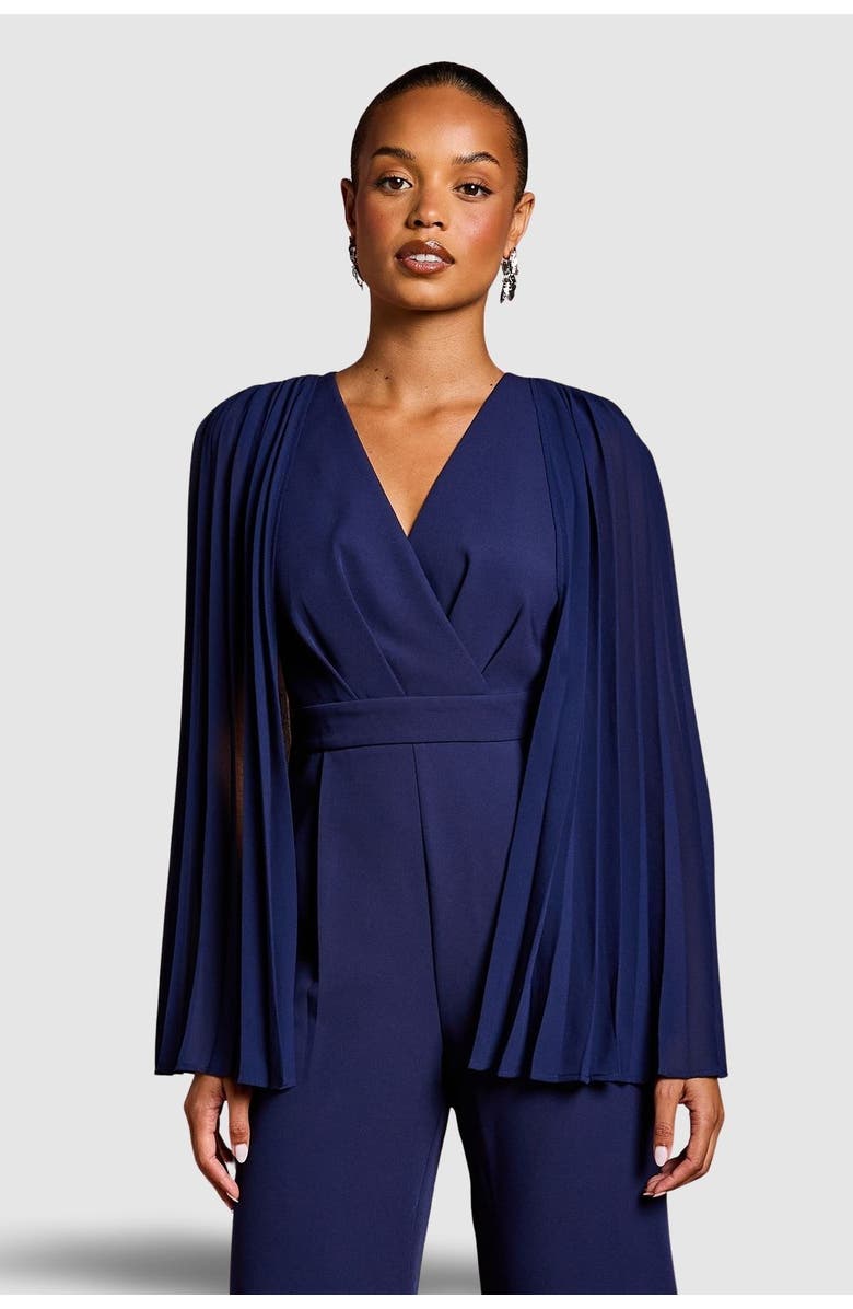 Coast Petite V Neck Pleated Jumpsuit, Alternate, color, Navy