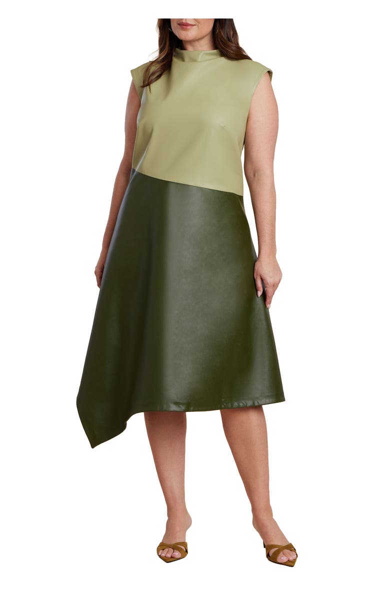ELOQUII Colorblocked Draped Faux Leather Dress, Main, color, Dark Forest Green