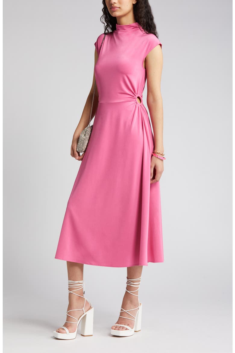 Ring Detail A-Line Midi Dress, Main, color, PINK IBIS