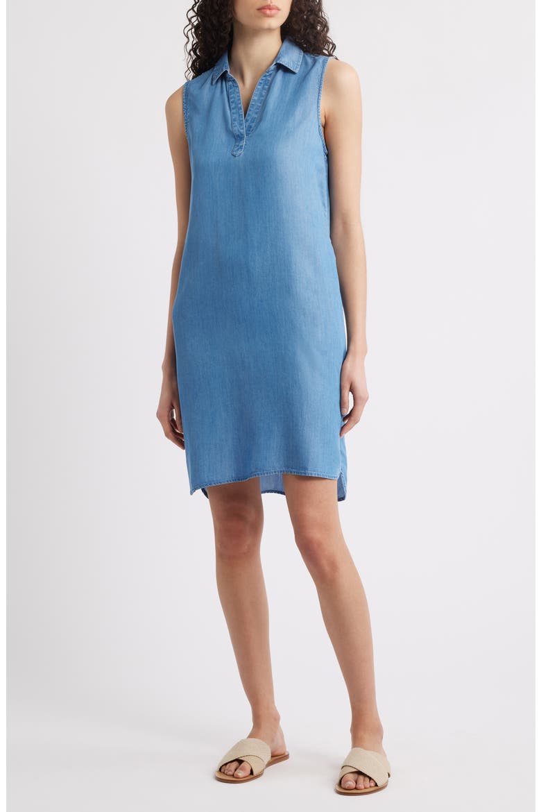Jinni Split Neck Sleeveless Denim Shift Dress, Main, color, MEDIUM WASH