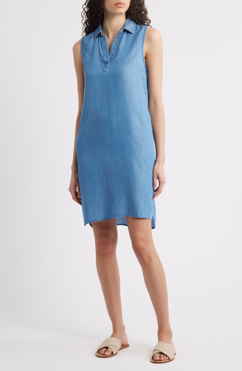 beachlunchlounge Jinni Split Neck Sleeveless Denim Shift Dress, Main, color, Medium Wash