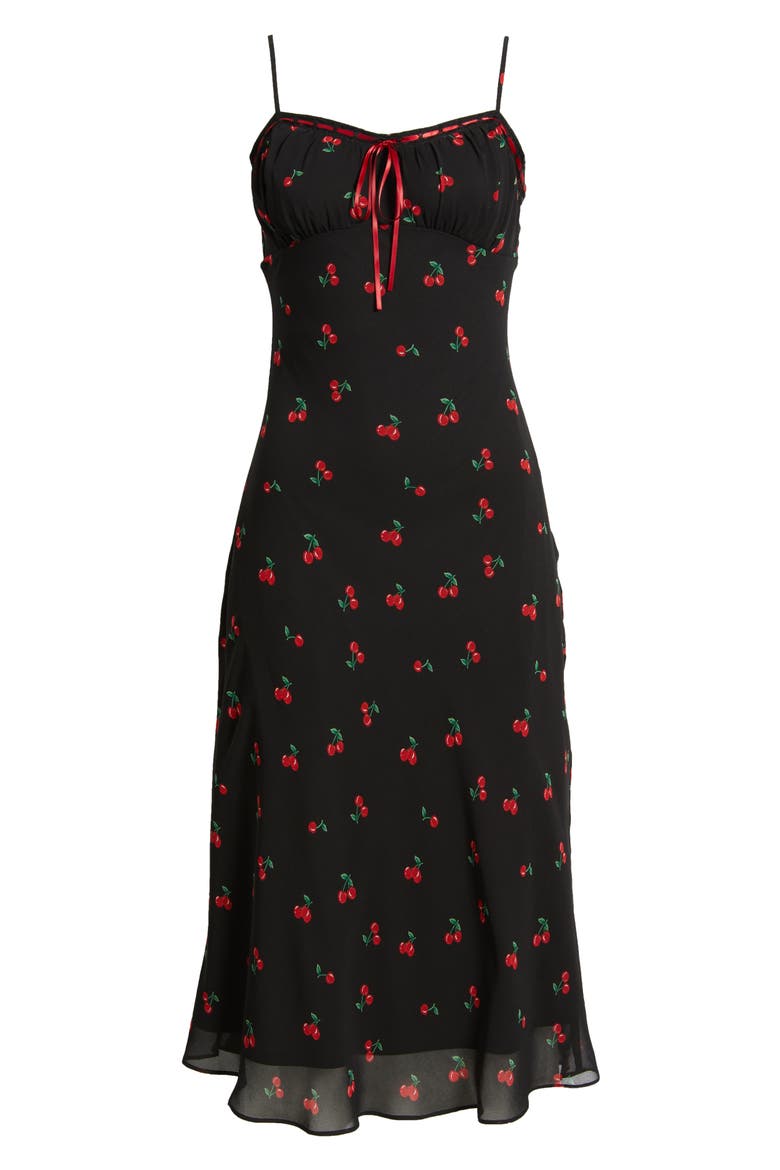 Tie Front Chiffon Midi Dress, Alternate, color, BLACK- RED EMILY CHERRIES