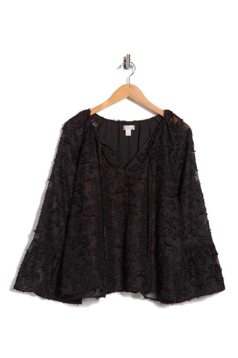 Tie Neck Long Sleeve Top, Alternate, color, BLACK