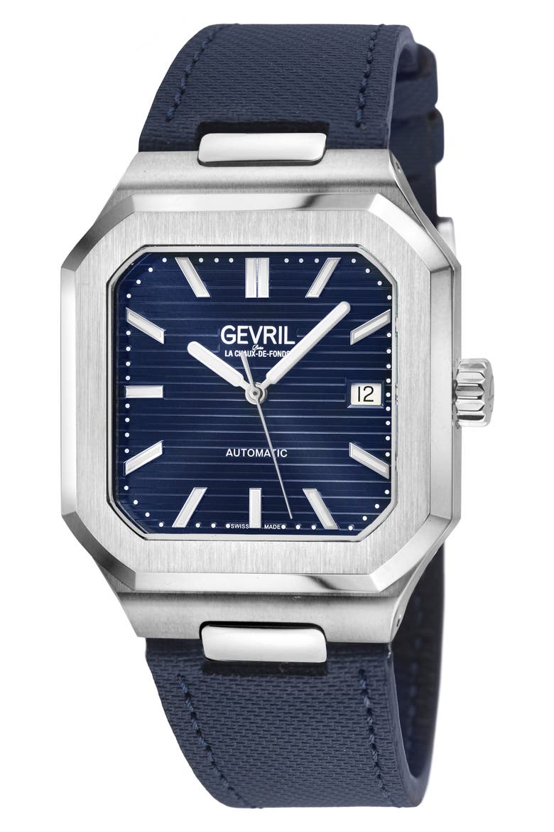Grand Concourse Automatic Leather Strap Watch, 40mm, Main, color, BLUE
