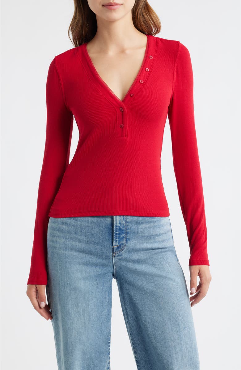 FRAME The Mesh Trim Rib Henley, Main, color, Bright Raspberry