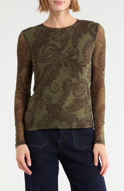 Print Long Sleeve Sheer Top