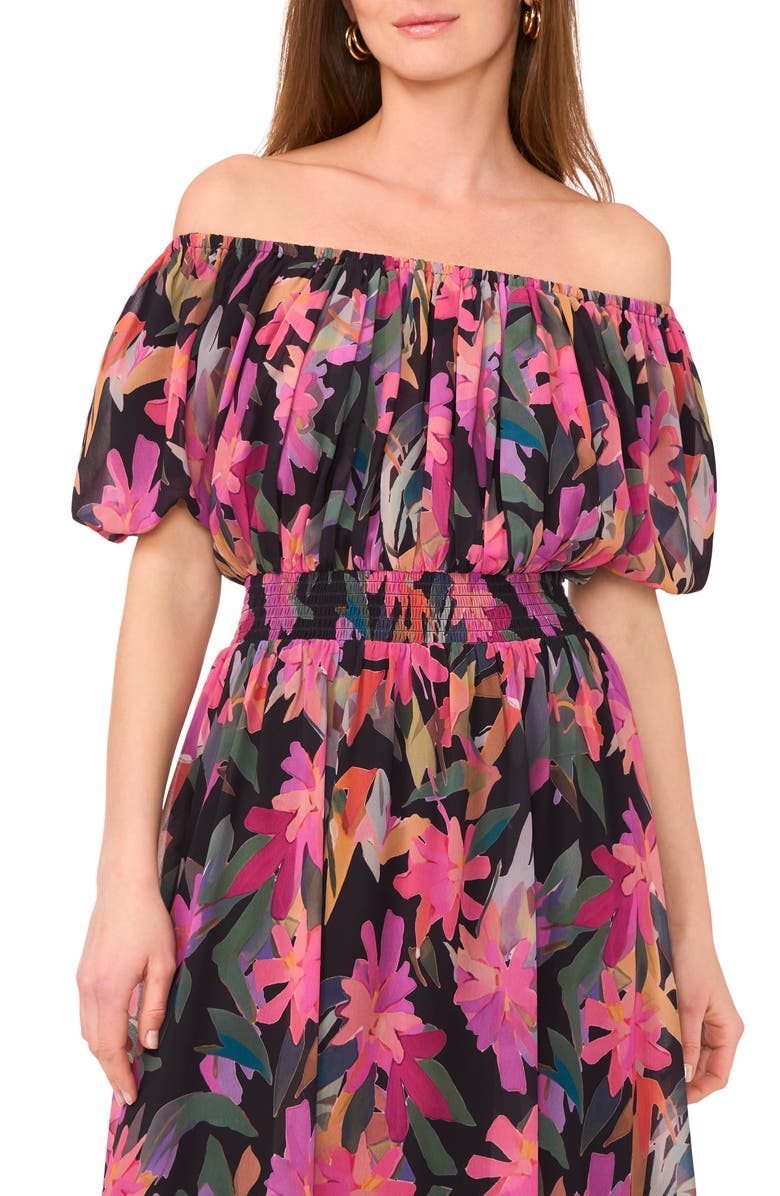 Vince Camuto Floral Off the Shoulder Puff Sleeve Maxi Dress, Alternate, color, Rich Black